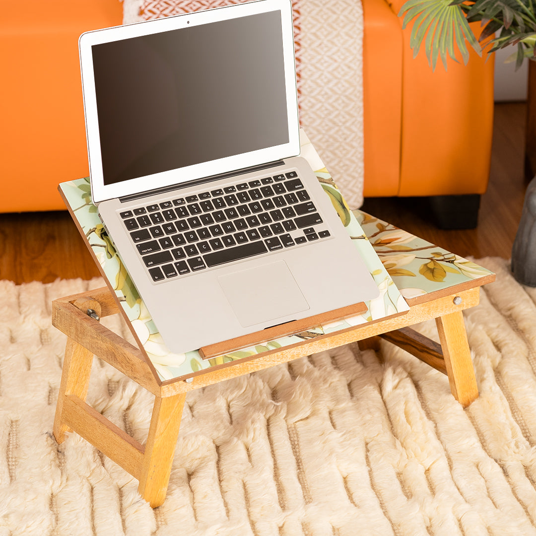 Mango Wood Handmade Folding Laptop Table in Green Magnolia with Epoxy Resin