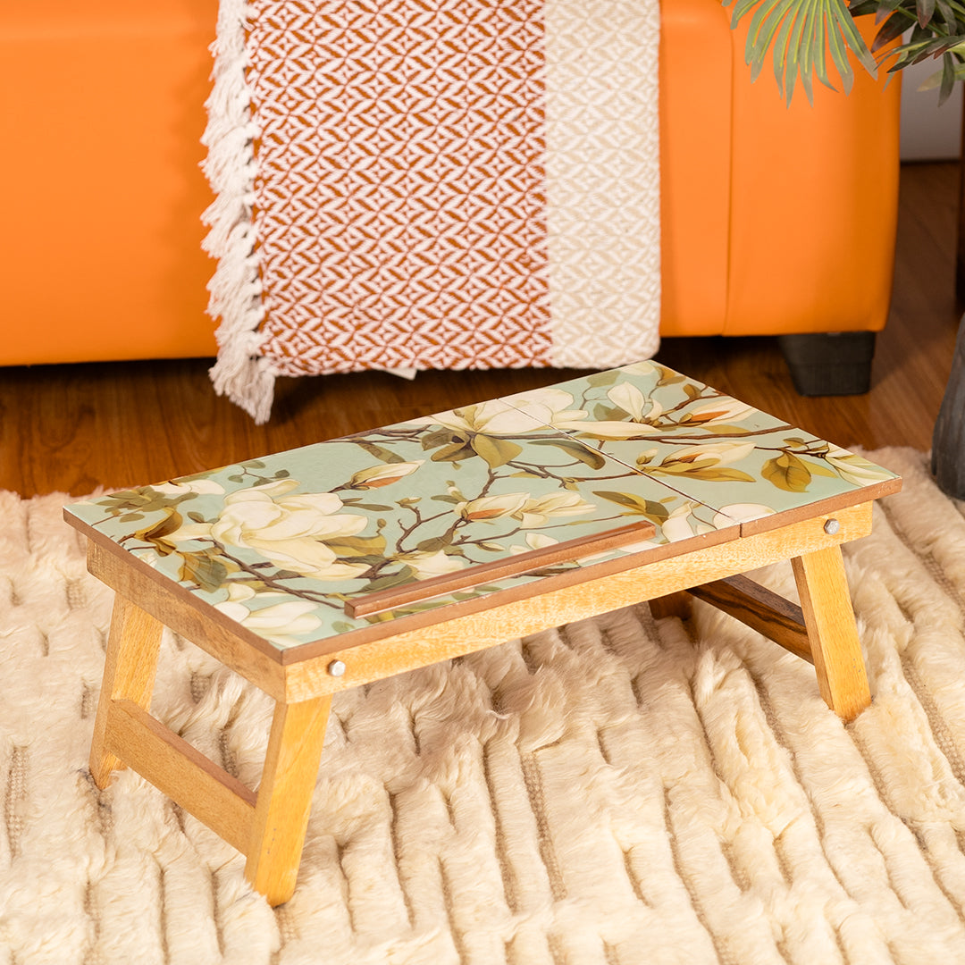 Mango Wood Handmade Folding Laptop Table in Green Magnolia with Epoxy Resin