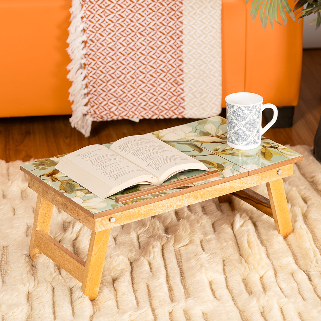 Mango Wood Handmade Folding Laptop Table in Green Magnolia with Epoxy Resin