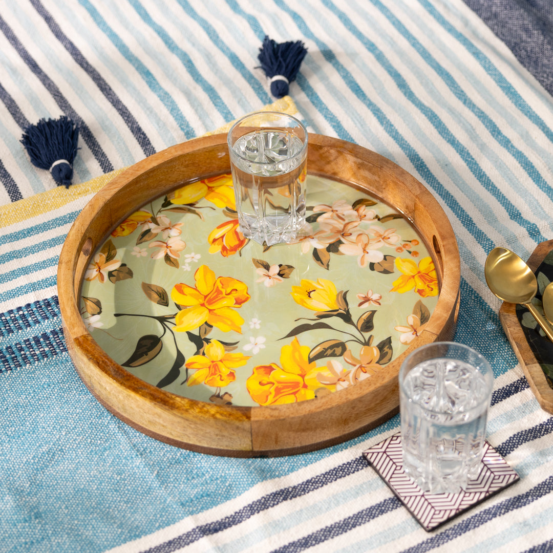 Handcrafted Mango-Wood Wooden Round Tray Yellow Floral Design-Single