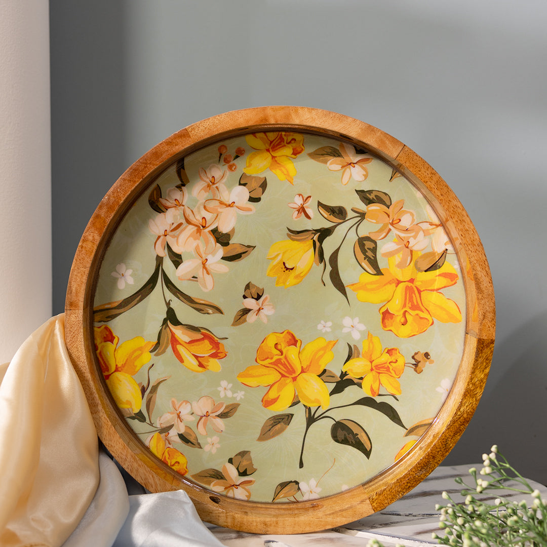 Handcrafted Mango-Wood Wooden Round Tray Yellow Floral Design-Single