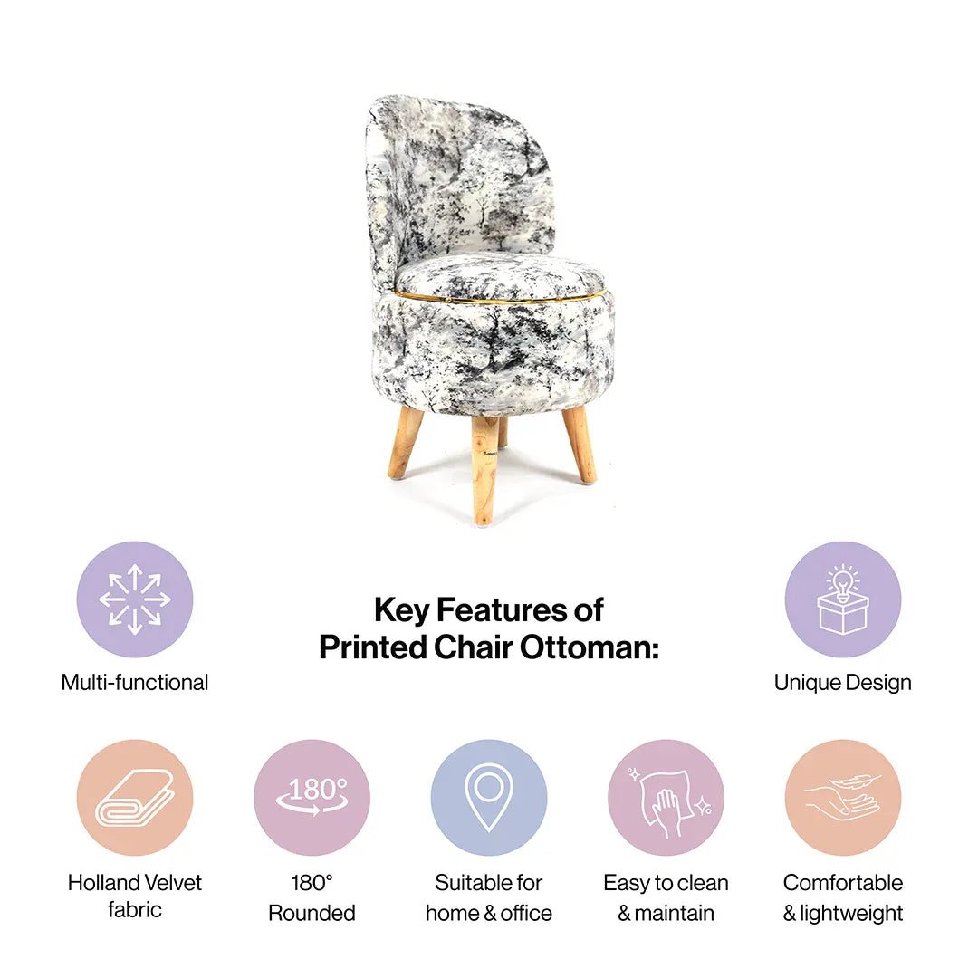 ModernPrinted Velvet Chair with Ottoman Footstool in Midnight Smoke
