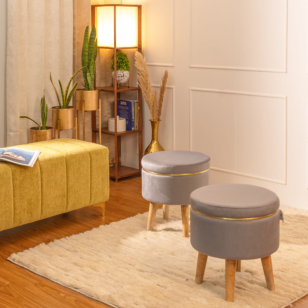 Ottoman Stool With Piping In Moonlit Grey - Combo Of 2