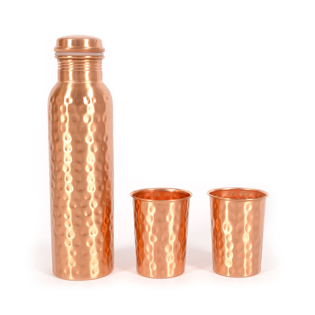 Hammered Style Copper Water Bottle with Two Glasses for Kitchen Decor