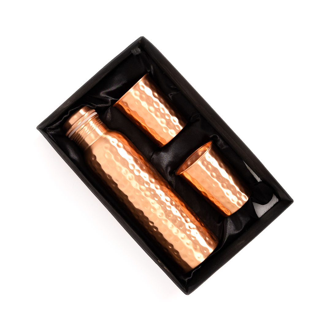 Hammered Style Copper Water Bottle with Two Glasses for Kitchen Decor