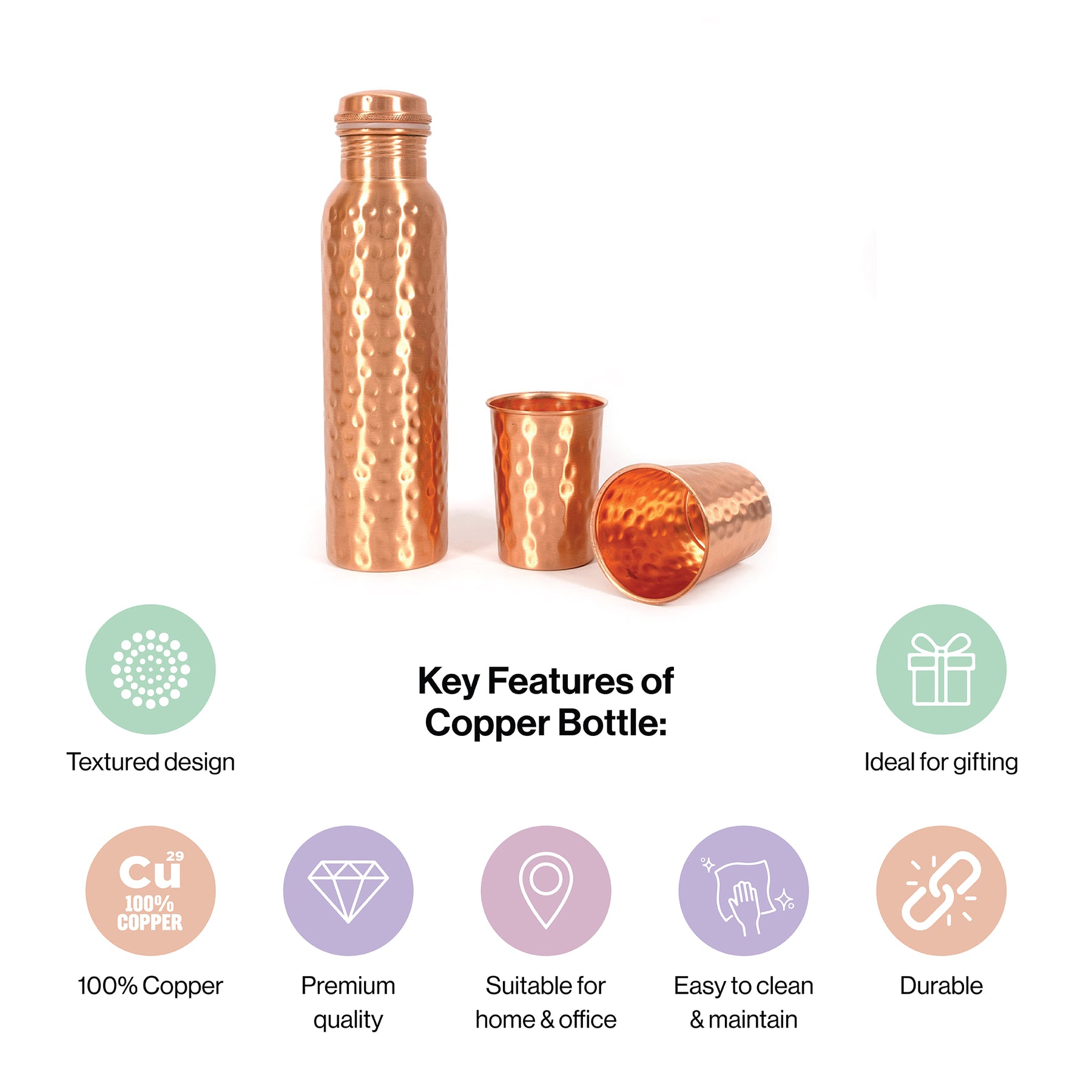 Hammered Style Copper Water Bottle with Two Glasses for Kitchen Decor