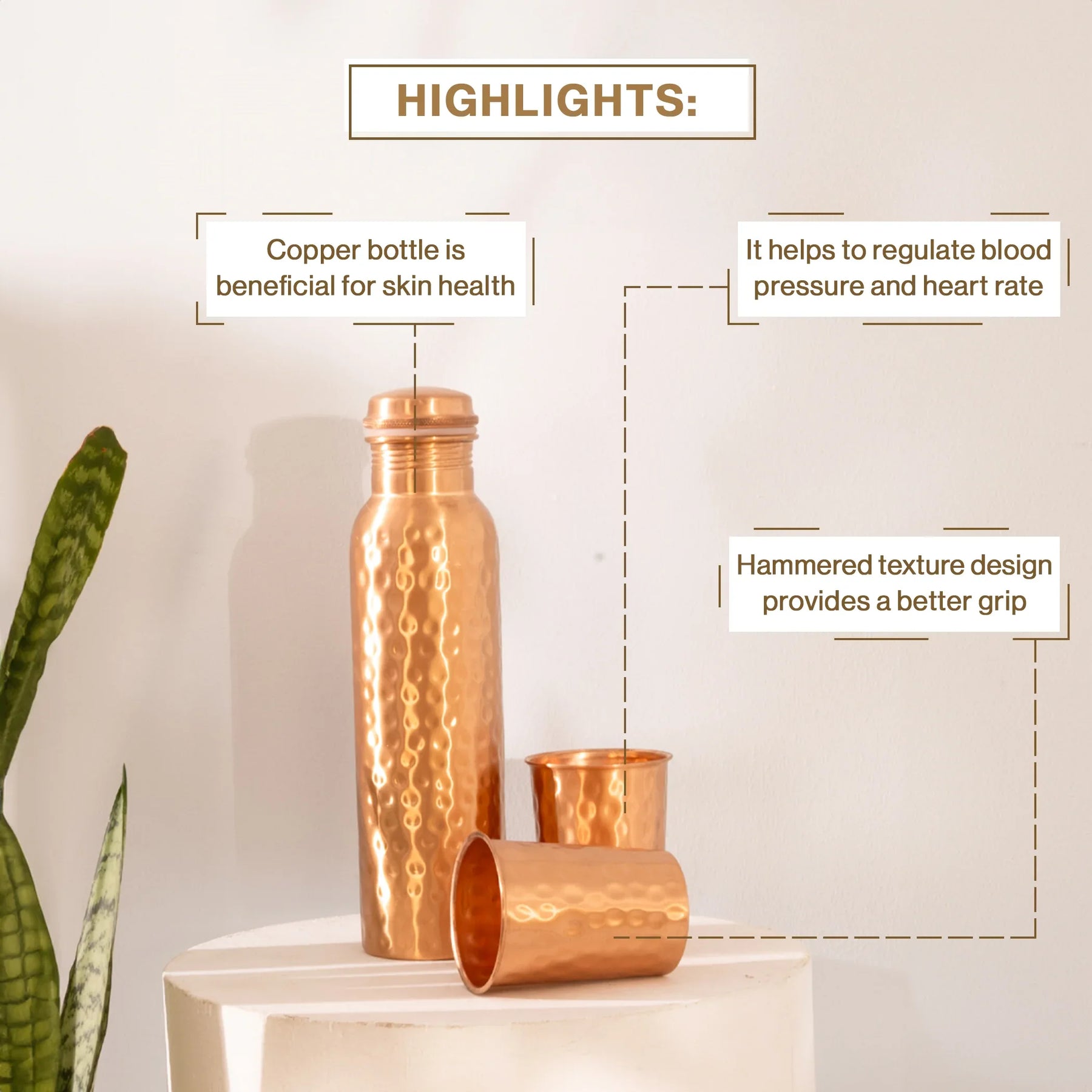 Hammered Style Copper Water Bottle with Two Glasses for Kitchen Decor