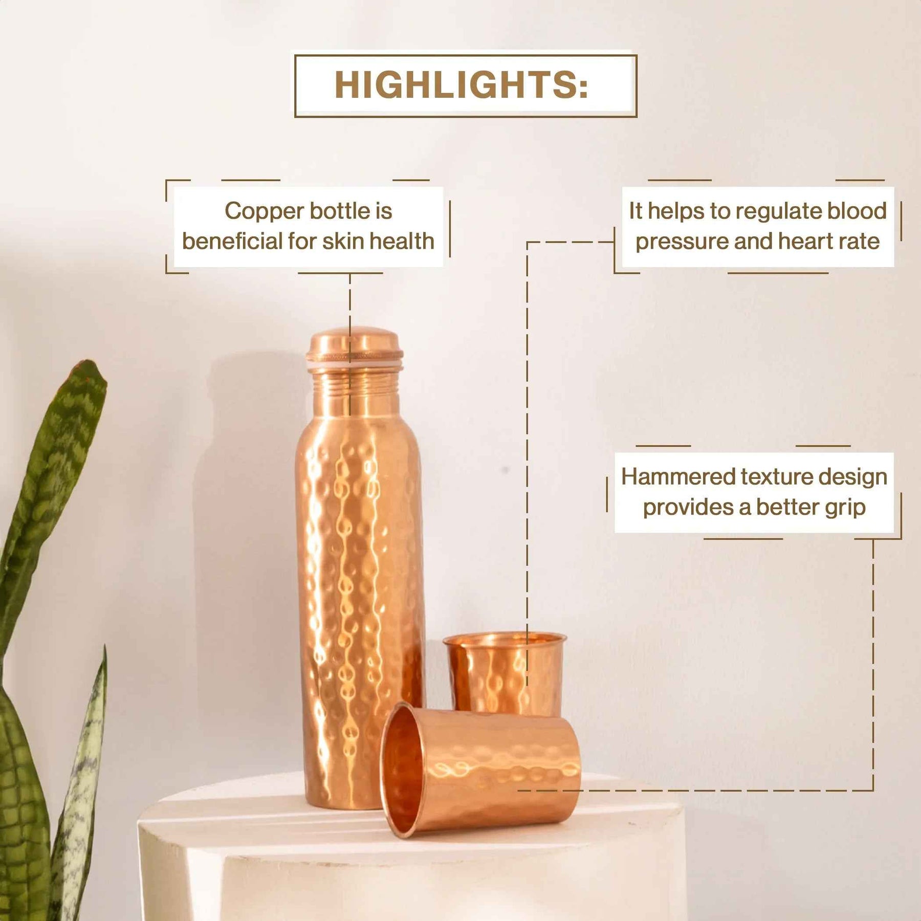 Traditional Hammered Copper Bottle with 2 Glasses in Gift Set