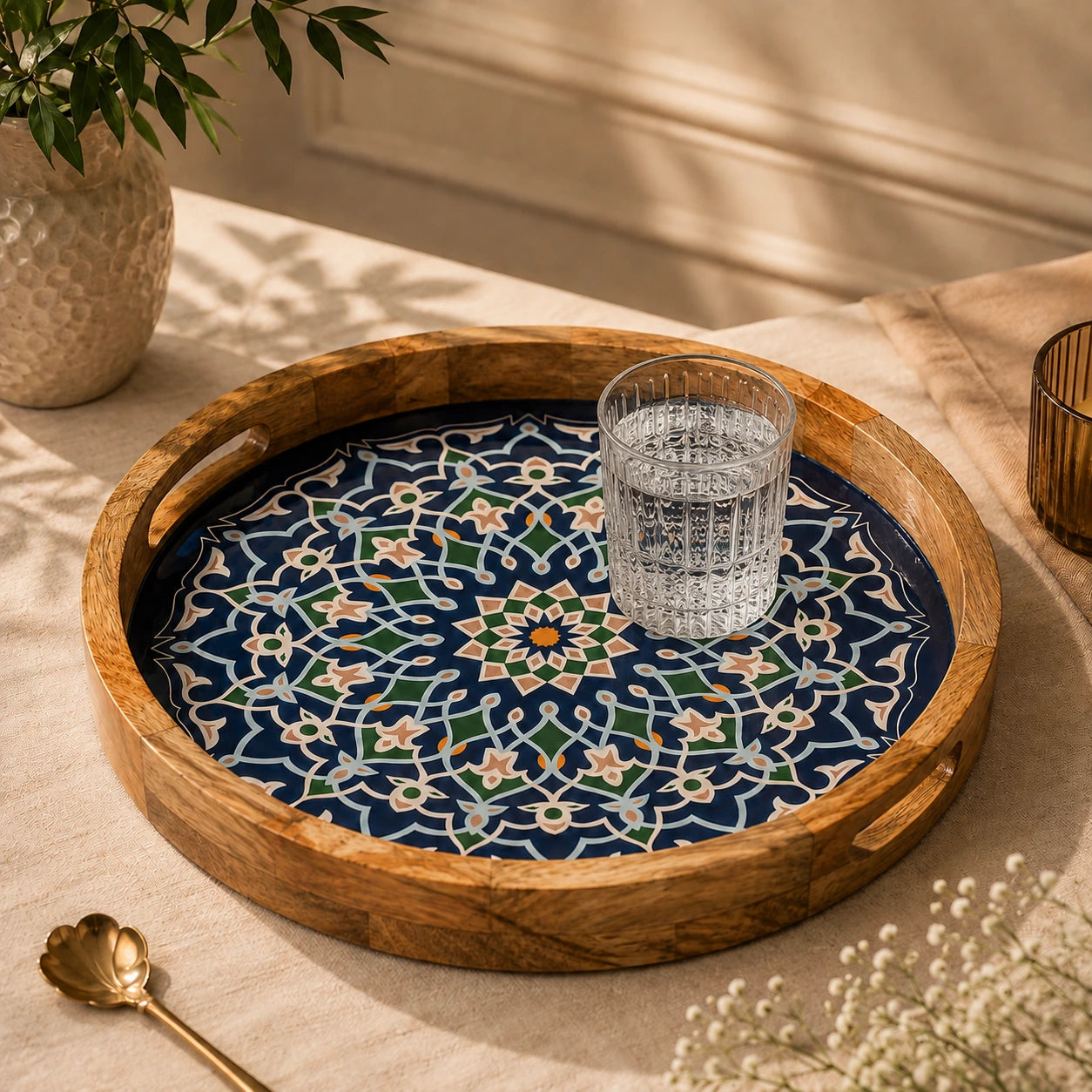 Handcrafted Mango Wood Round Serving Tray - Mandala