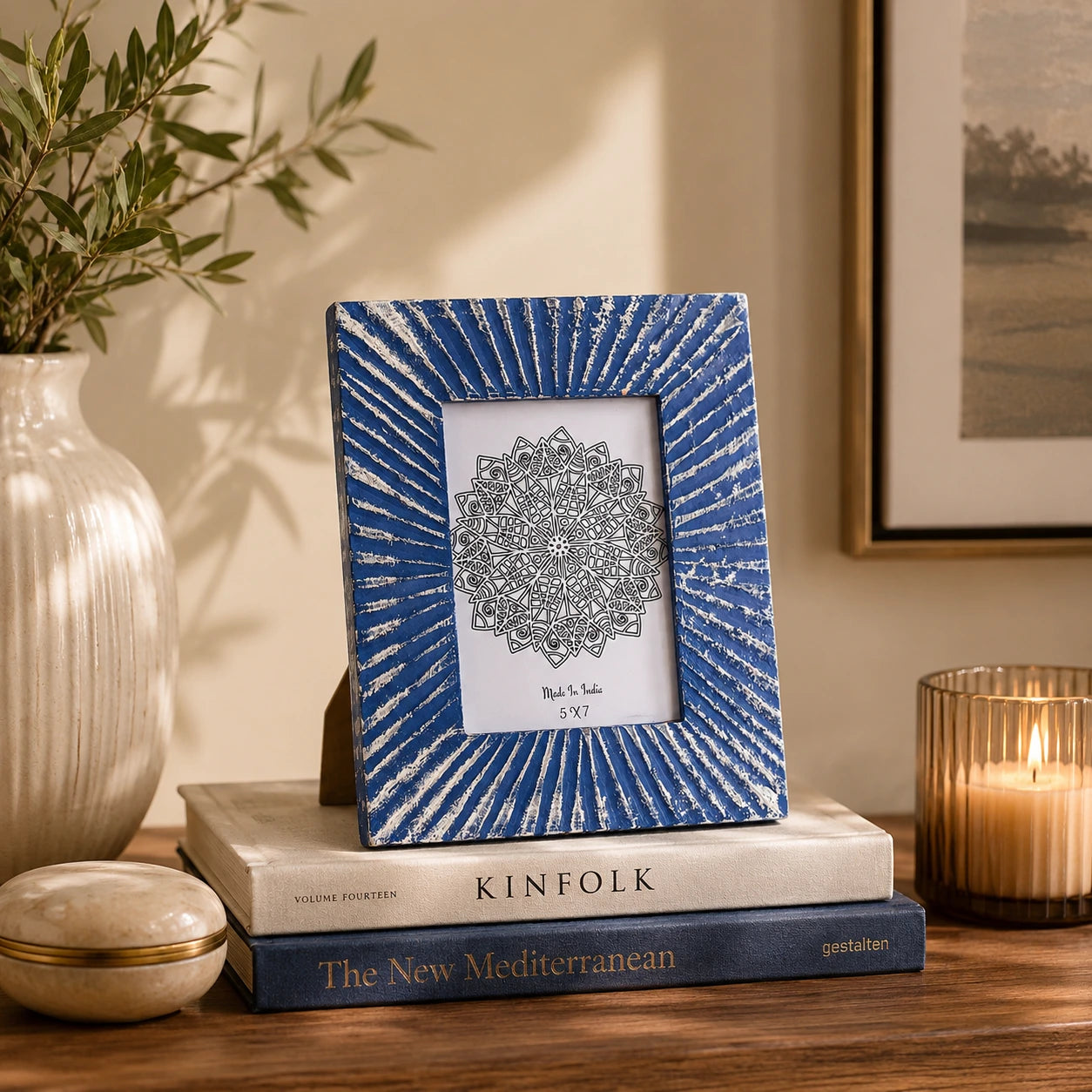 Handcrafted Wooden Sunburst Photo Frame in Royal Blue