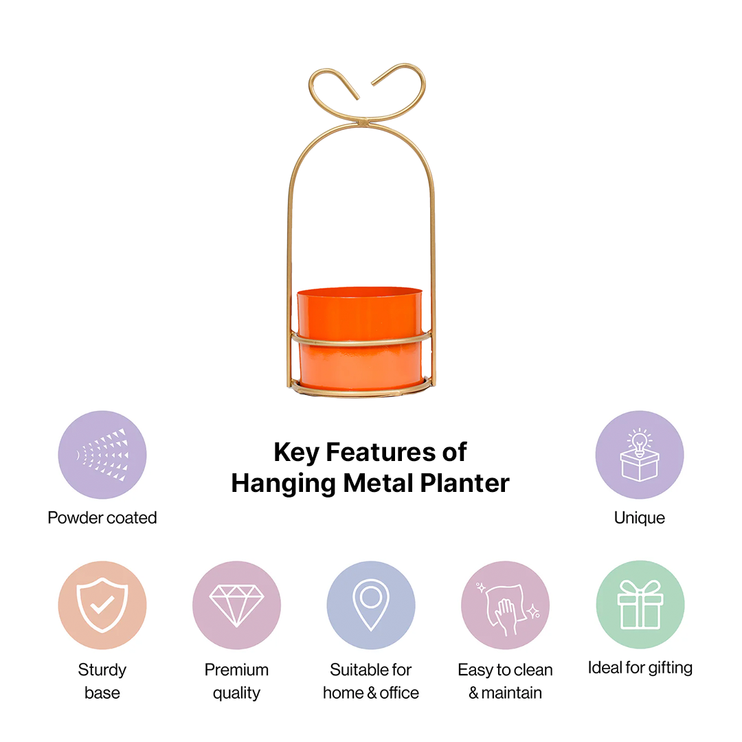 Hanging Orange Metal Planter on Gold Wire Stand