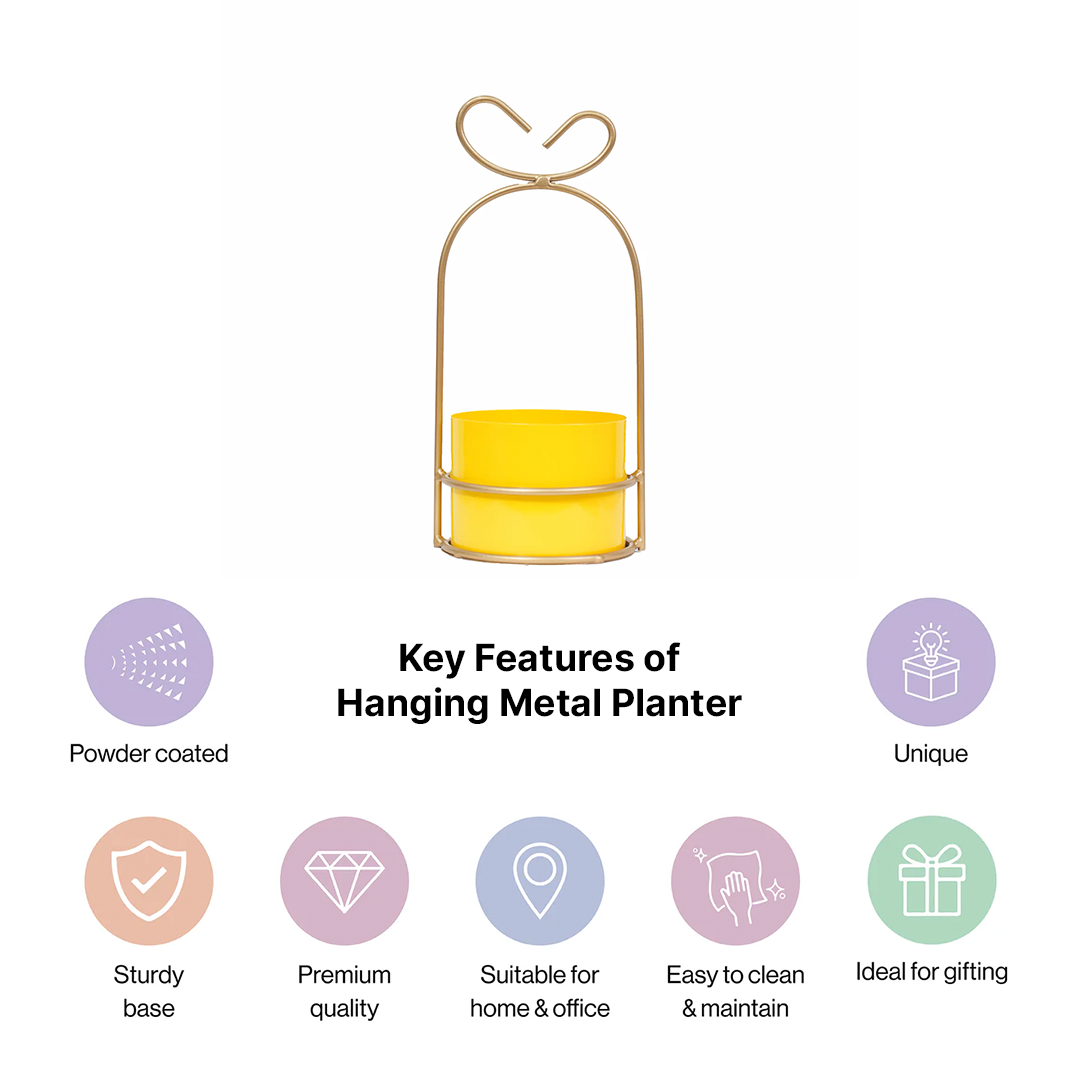 Hanging Yellow Metal Planter in Gold Wire Basket