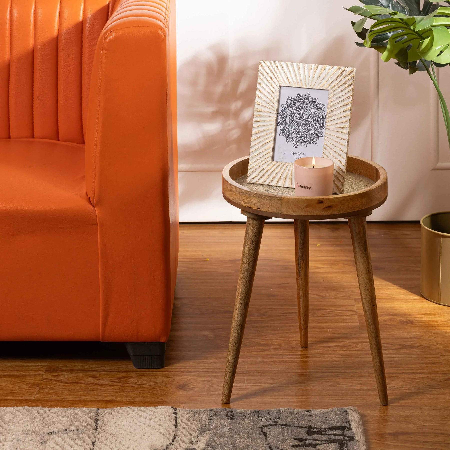 Round Mango Wood Side Table in Rose Gold for Living Room