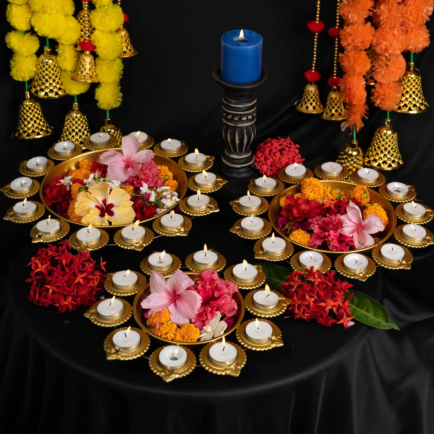 Golden Lotus Diya (Urli) Stand Set of 3