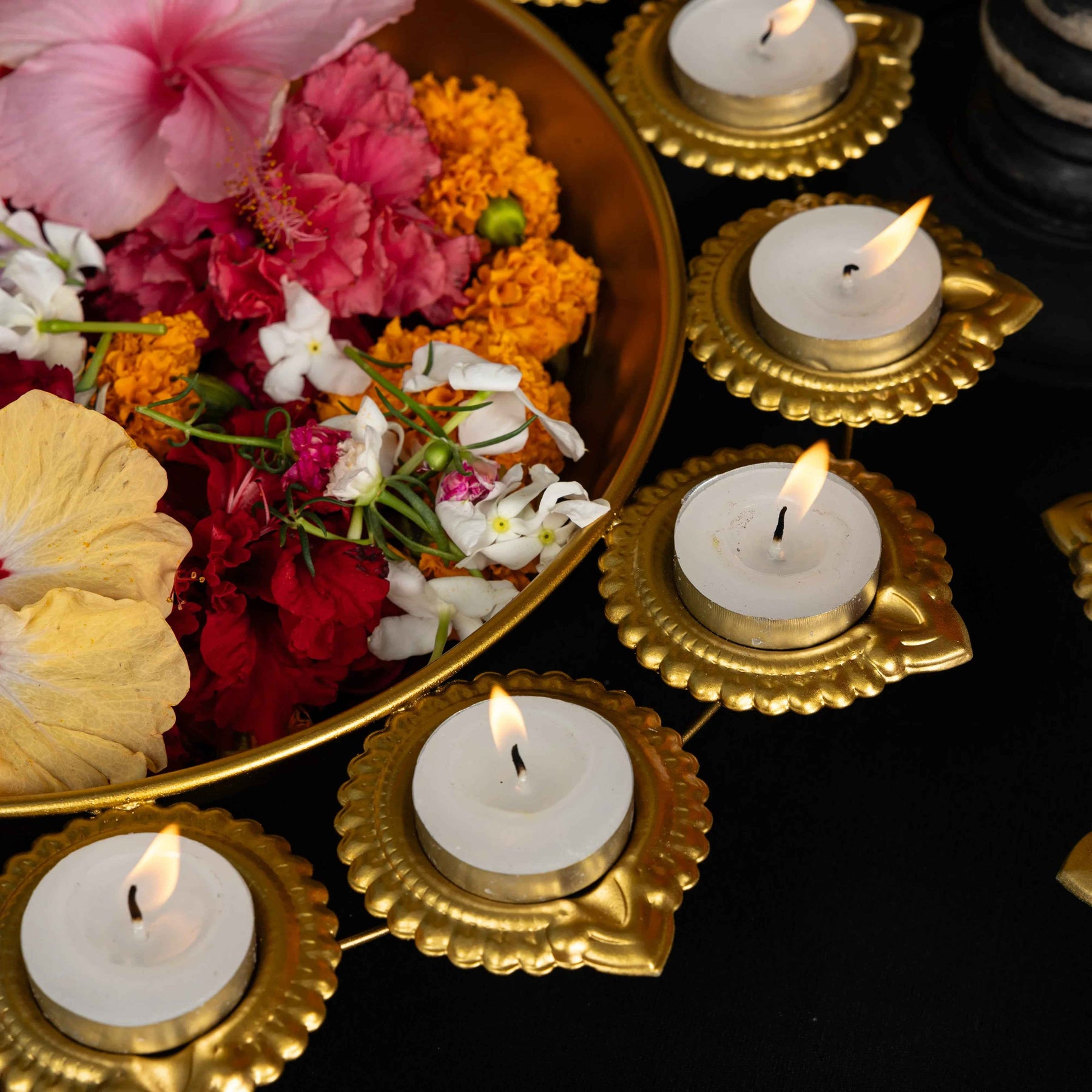 Golden Lotus Diya (Urli) Stand Set of 3