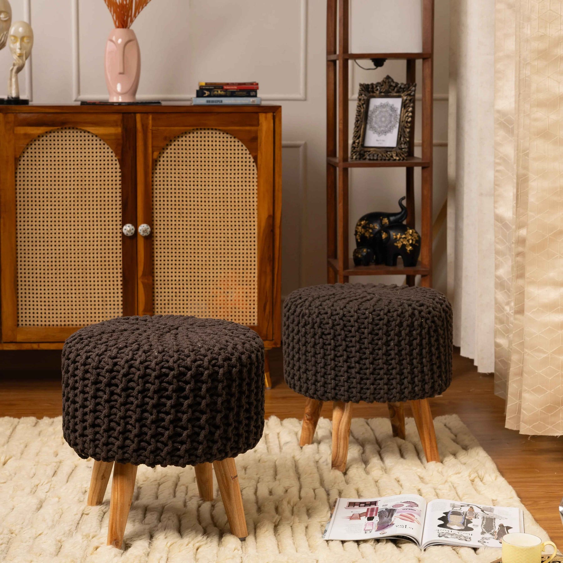 Dori Ottoman Pouffe Stool Set of 2 in Oak Brown