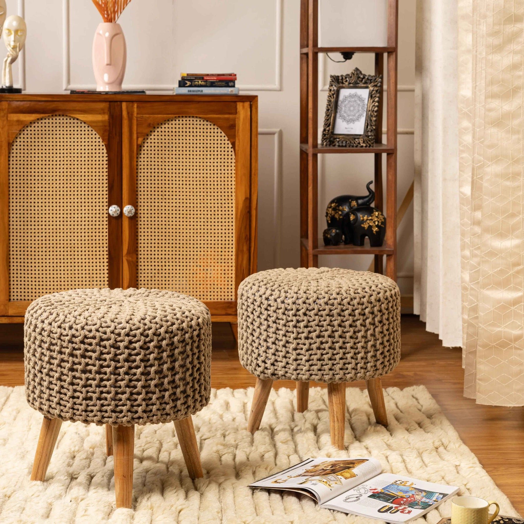 Round Dori Ottoman Pouffe Stool Set of 2 in Cream