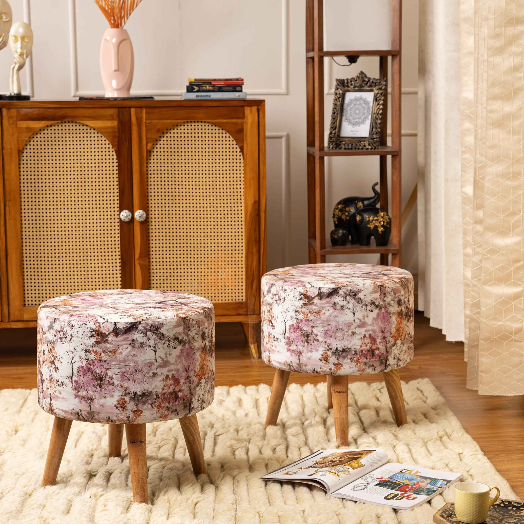 Printed Ottoman Pouffe Stool In Cherry Blossoms - Combo Of 2