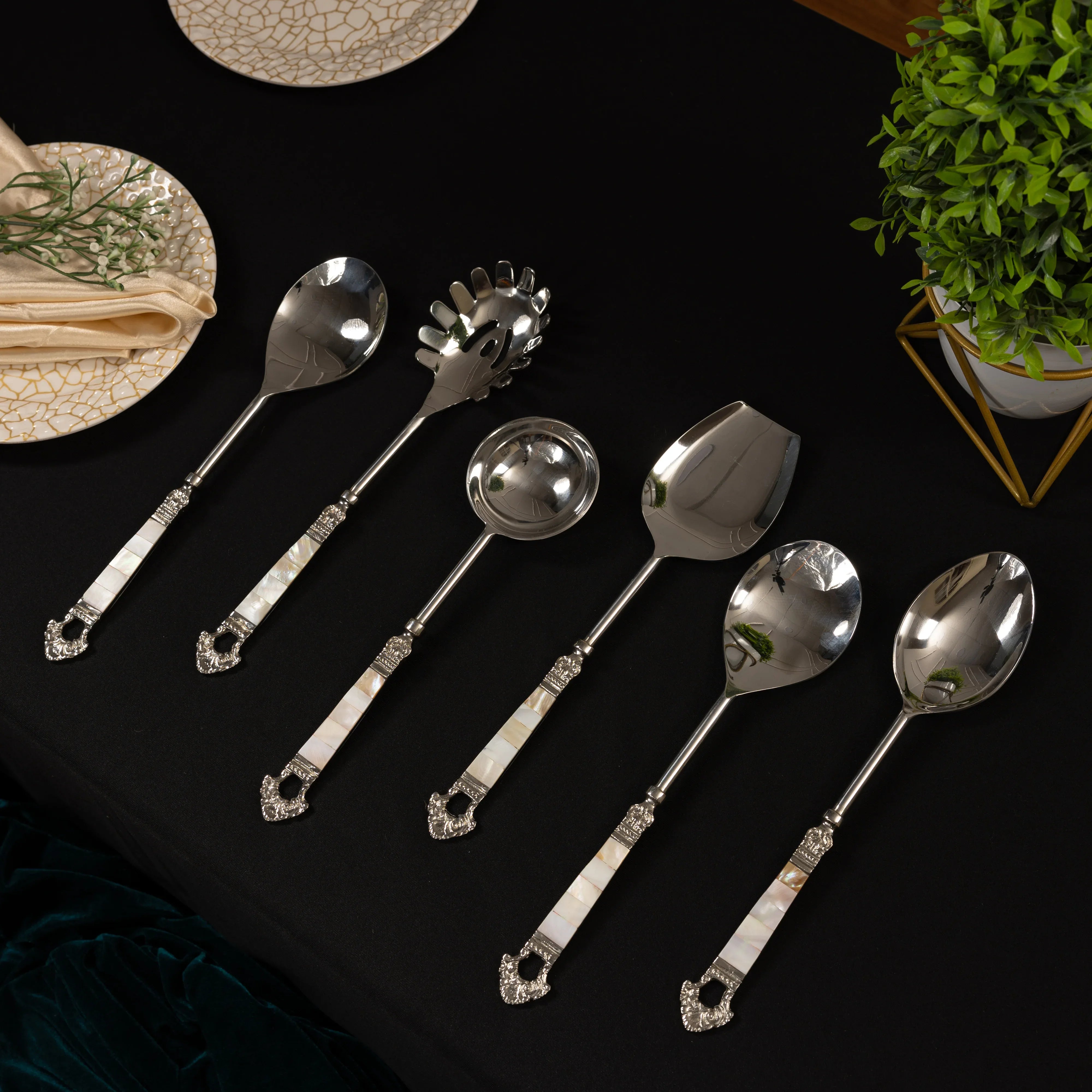 Mother Of Pearl Stainless Steel Salad Serving Spoon Cutlery Set Of 6