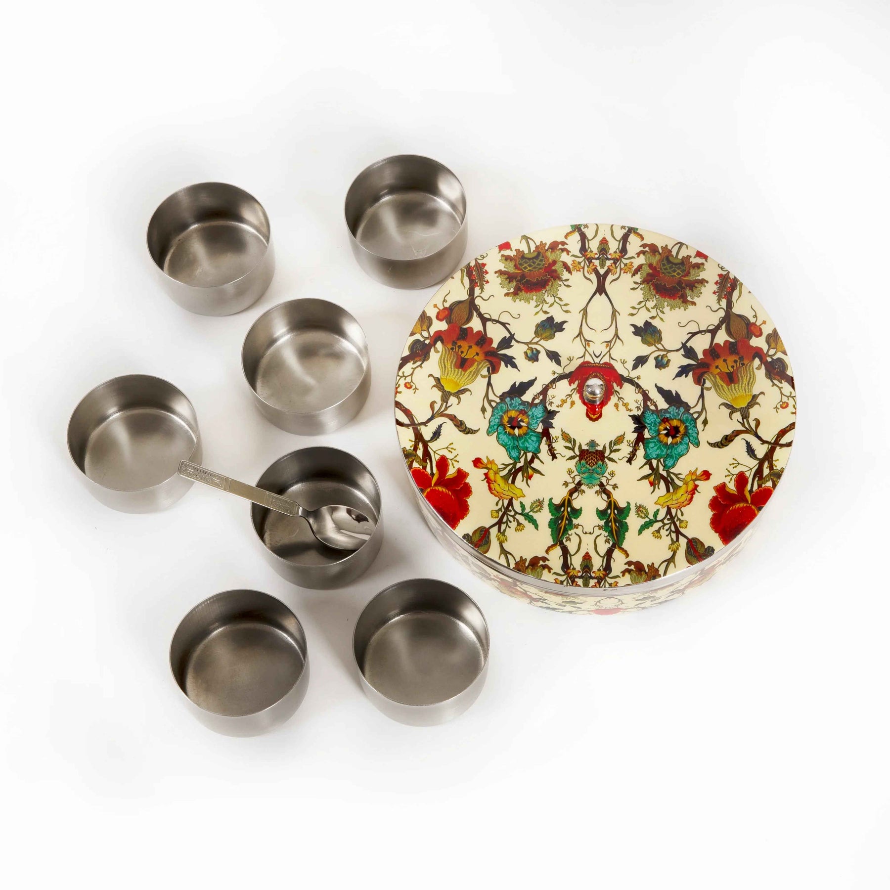 Premium Stainless Steel Masala Box (Spice Box) in Botanical Floral Design