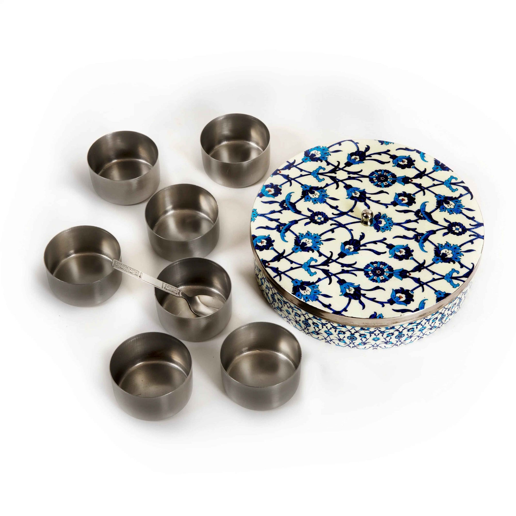 Premium Stainless Steel Masala Box (Spice Box) in Wildfloral Design