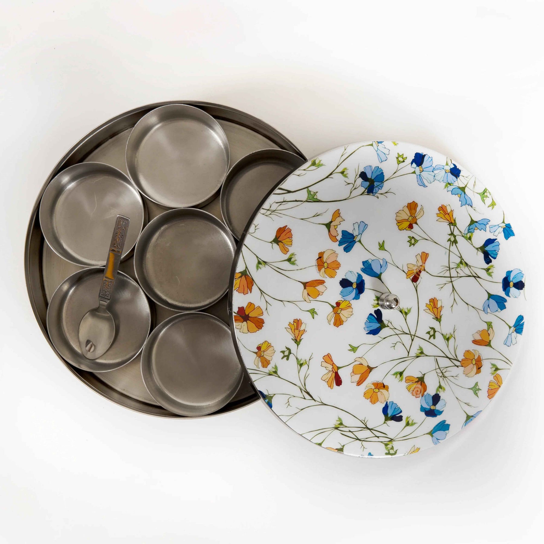 Premium Stainless Steel Masala Box (Spice Box) in Spring Blossom Design