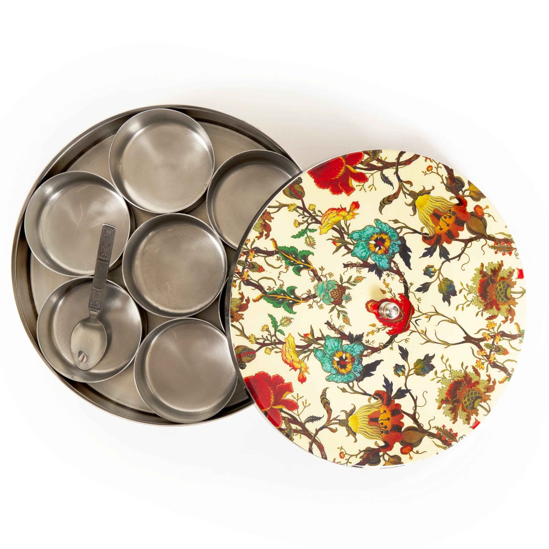 Premium Stainless Steel Masala Box (Spice Box) in Botanical Floral Design