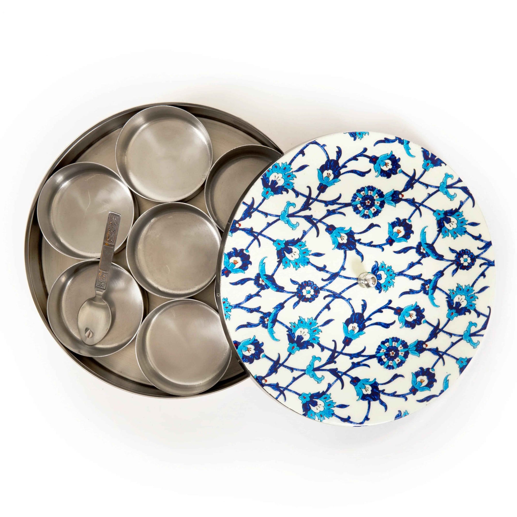 Premium Stainless Steel Masala Box (Spice Box) in Wildfloral Design