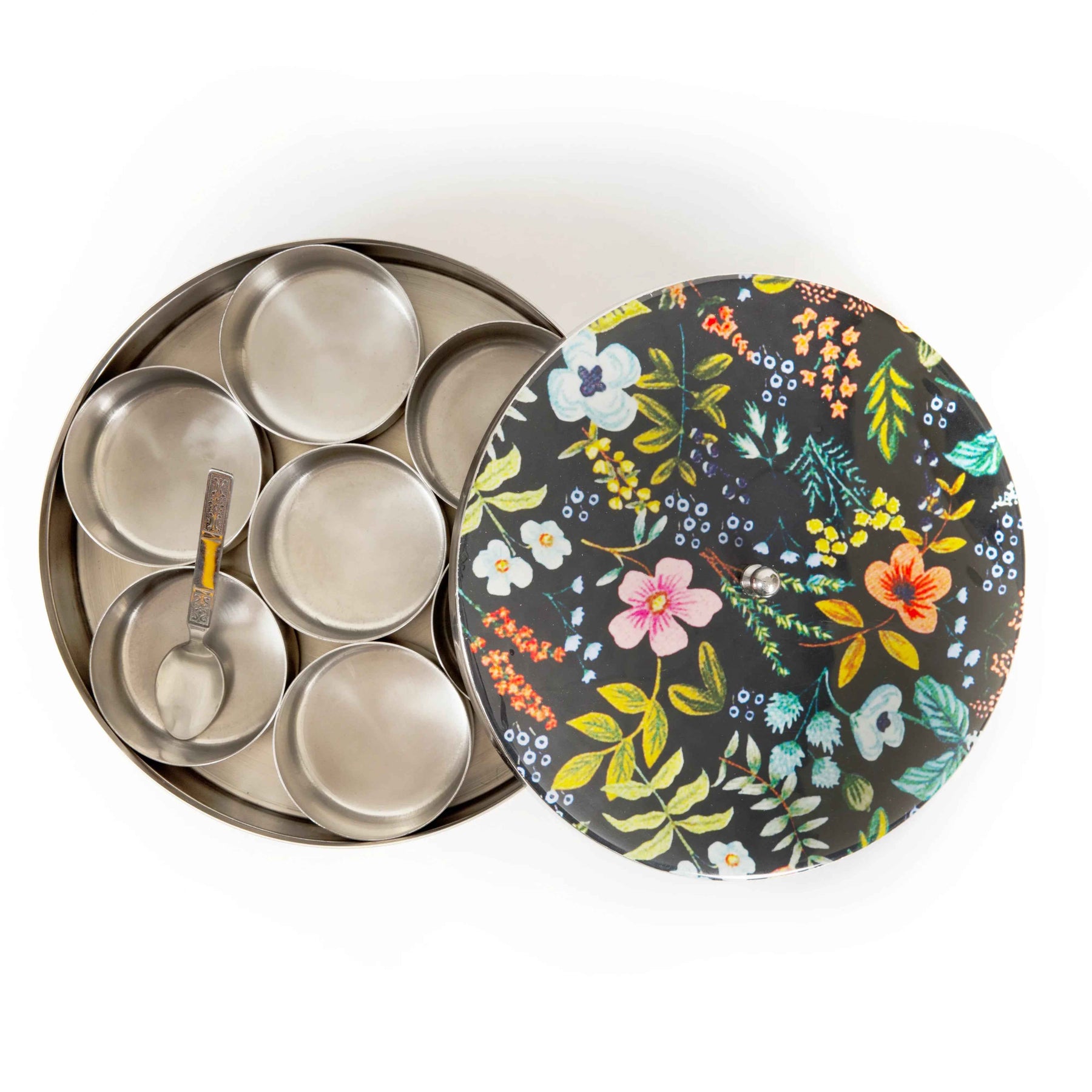 Premium Stainless Steel Masala Box (Spice Box) in Black Blossom