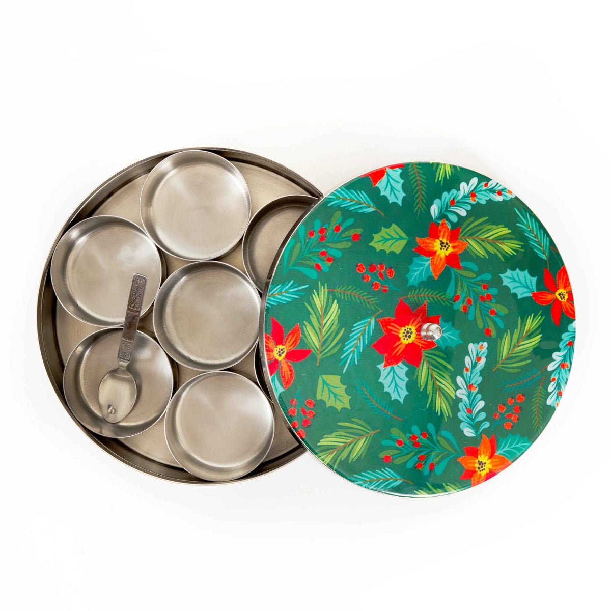 Premium Stainless Steel Masala Box (Spice Box) in Forest Bloom