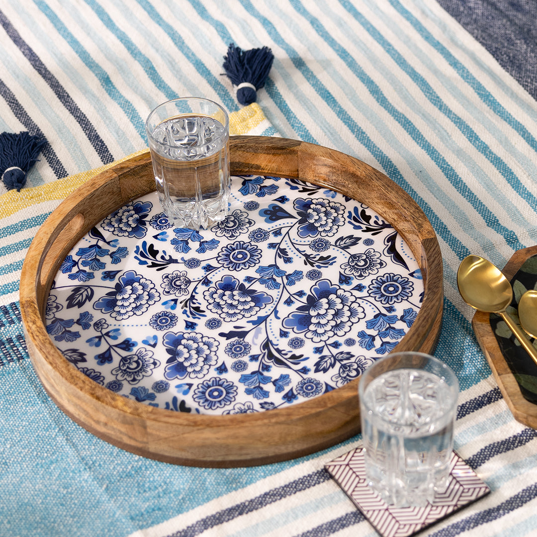 Handcrafted Mango-Wood Wooden Round Tray Blue Floral Motif Design-Single