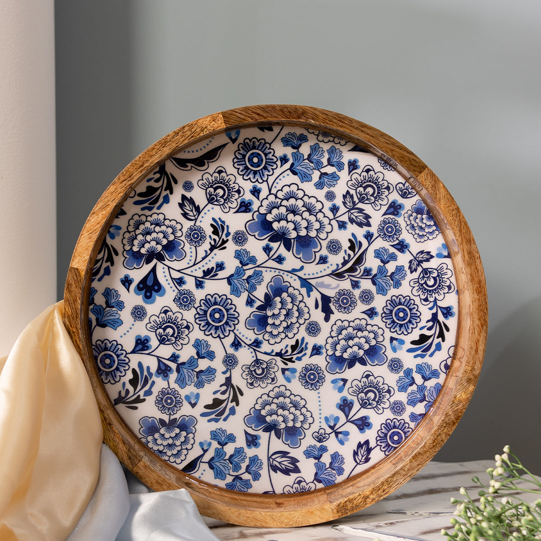 Handcrafted Mango-Wood Wooden Round Tray Blue Floral Motif Design-Single