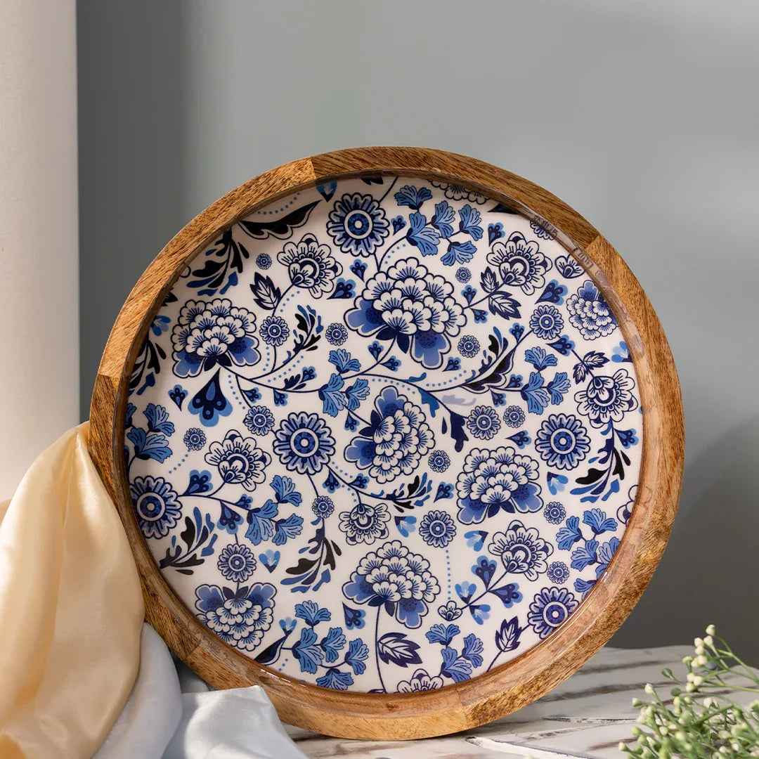 Premium Mango Wood Round Serving Tray with Blue Floral Print