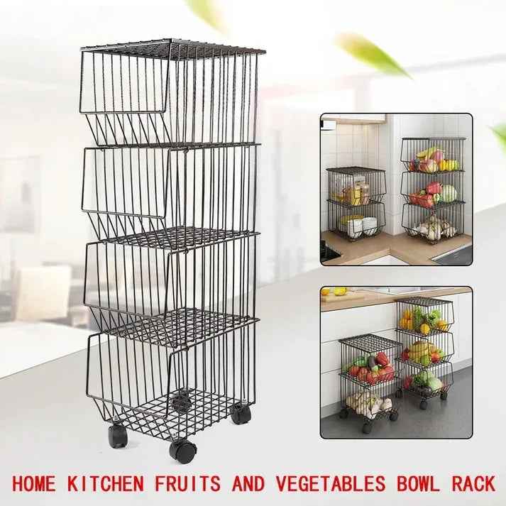 Premium 4-Tier Metal Wire Storage Basket with Wheels in Black