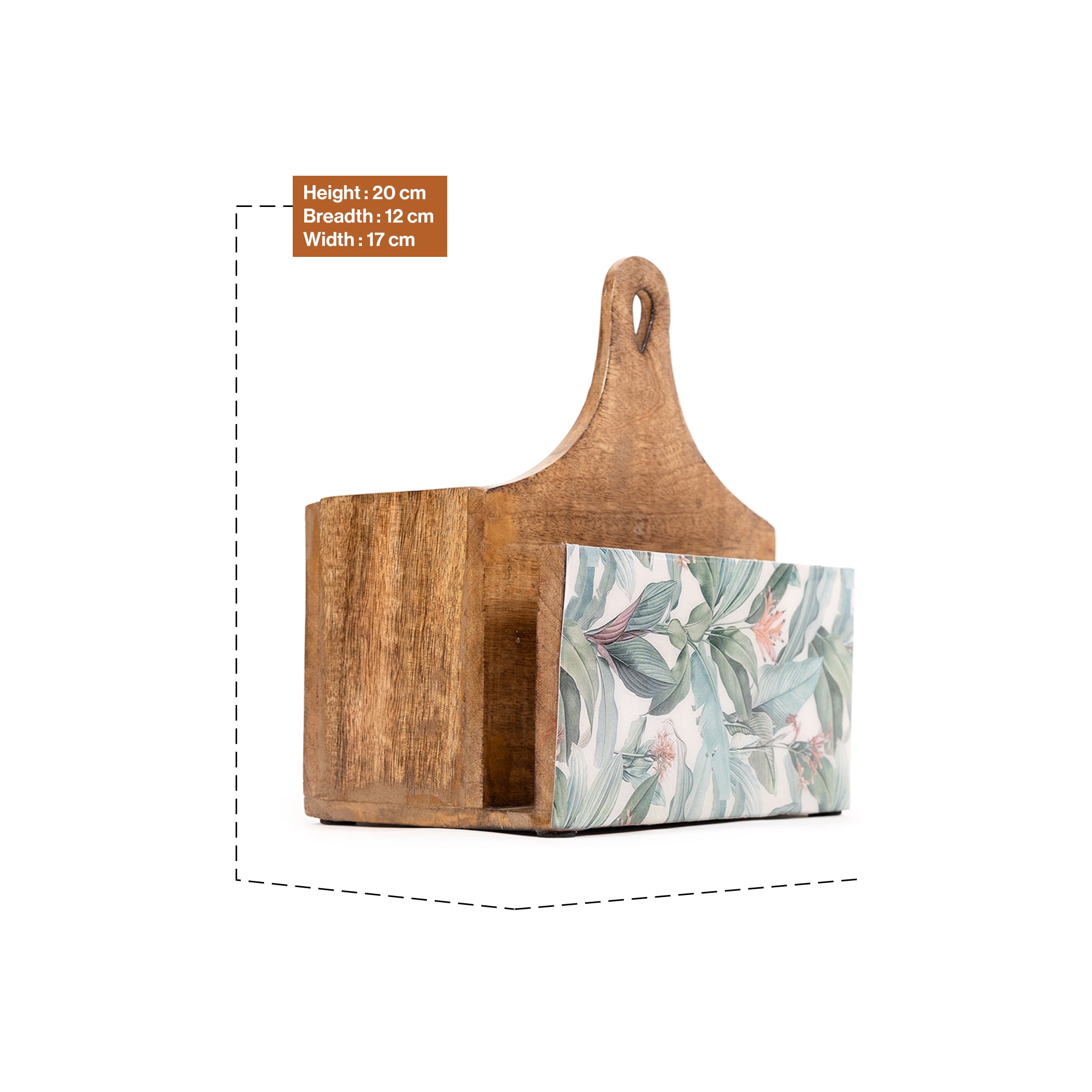 Handpainted mango-wood tissue and cutlery holder in Tropical Pattern
