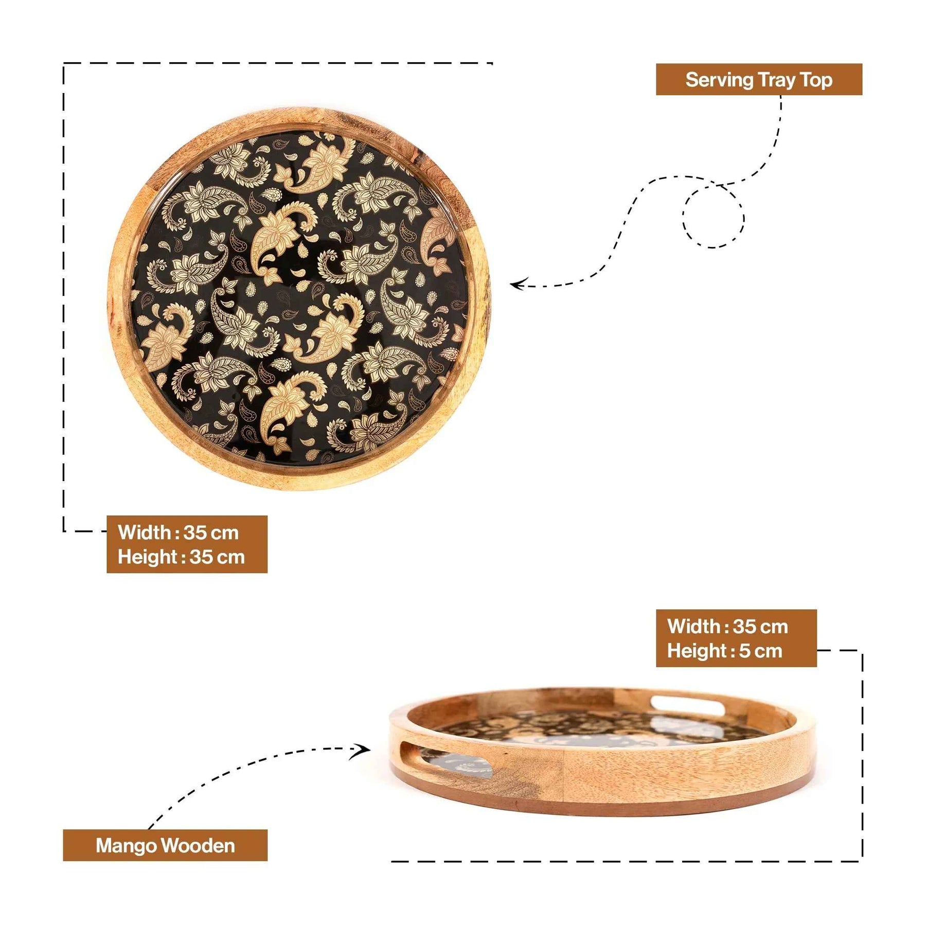 Premium Mango Wood Round Serving Tray with Gold Paisley Design