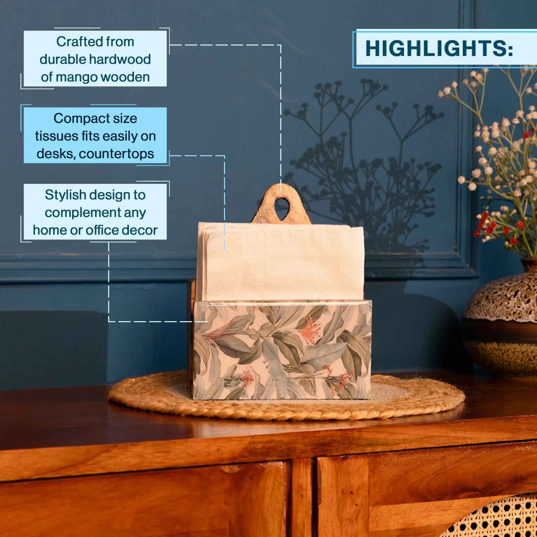 Handcrafted Mango Wood Tissue Holder with Tropical Floral Print