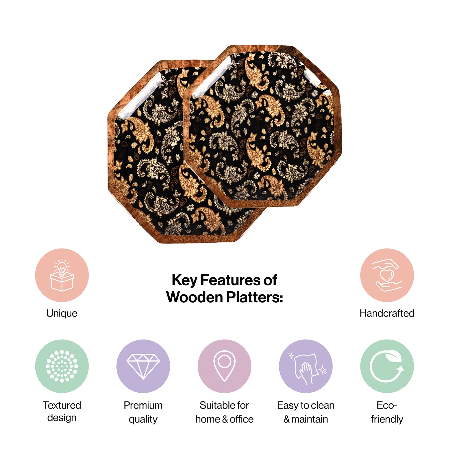 Handcrafted Mango-Wood Black Paisley Printed Platters Tray-Set Of 2