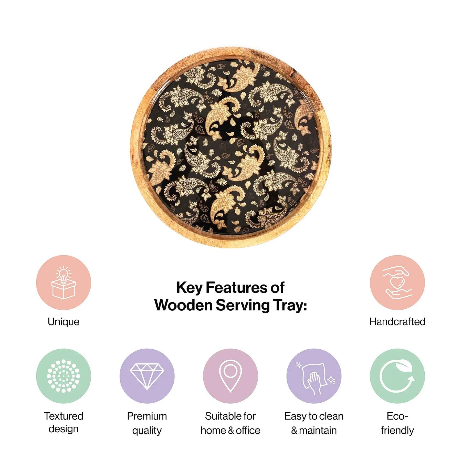 Premium Mango Wood Round Serving Tray with Gold Paisley Design
