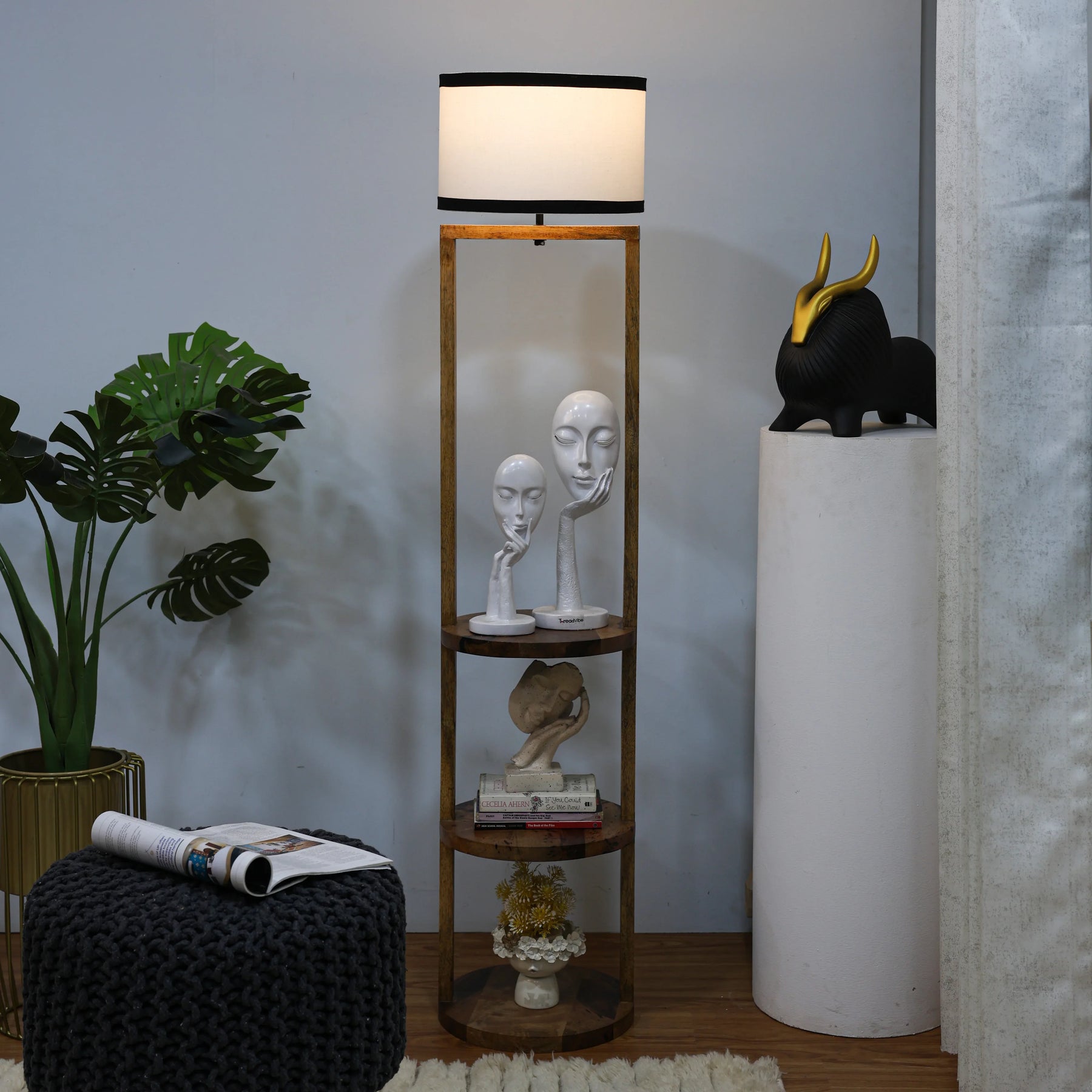 Wooden Shelf Floor Lamp with Storage in Round Shape
