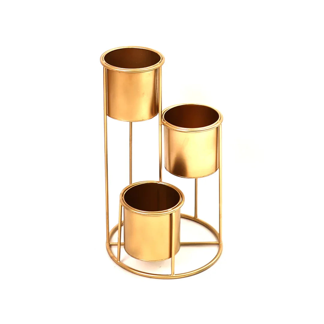 Floor Planter Stand With Triple Pots In Gold Finish
