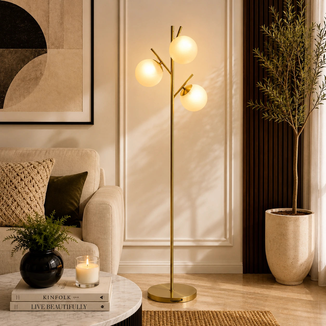 Luxury Floor Lamp with 3 Glass Globe in Gold for Living Room & Bedroom