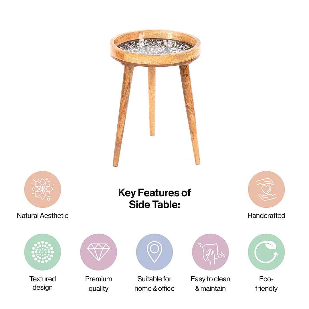 Mango Wood Round Side Table For Living Room In Mandala