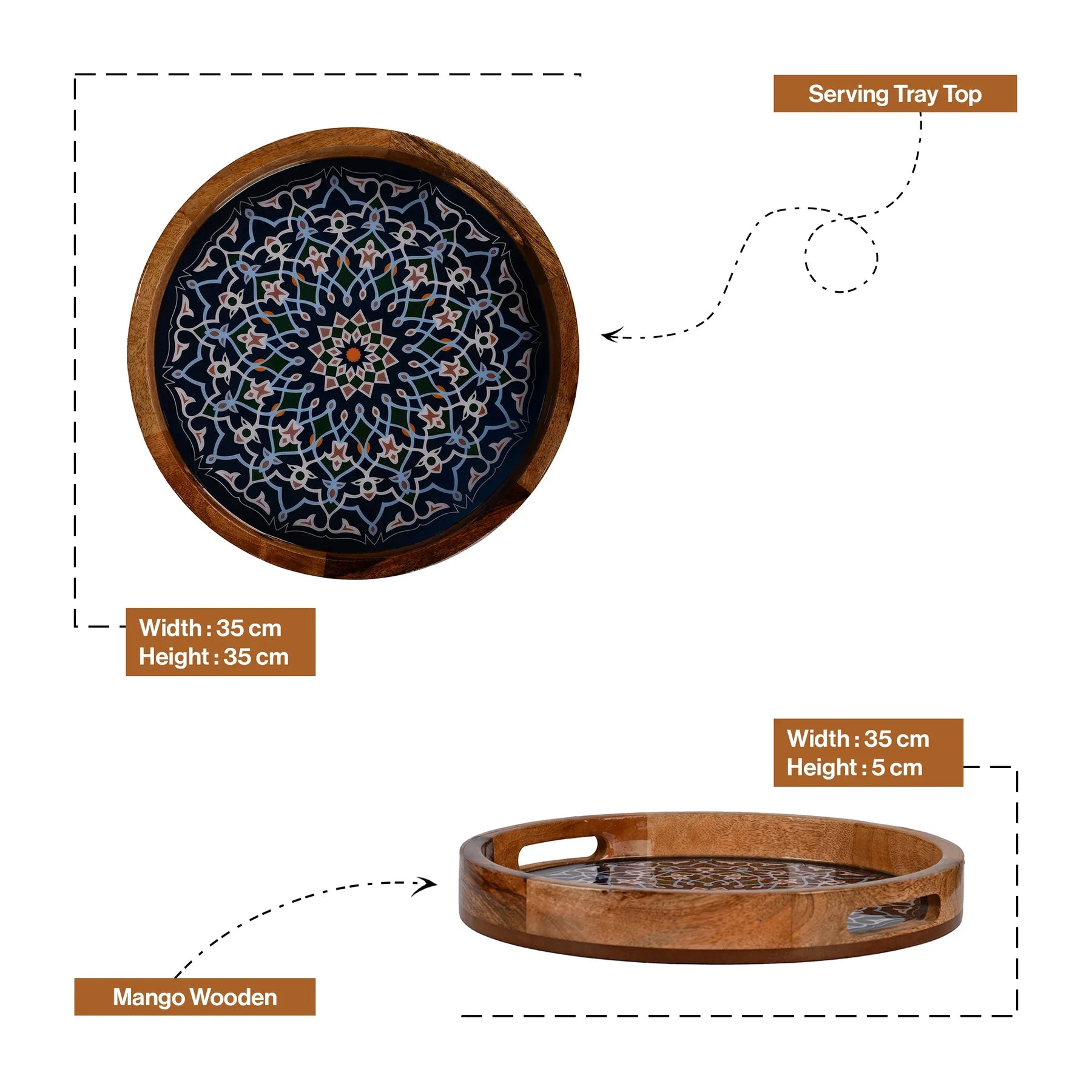 Handcrafted Mango-Wood Wooden Round Tray Mandala Design-Single