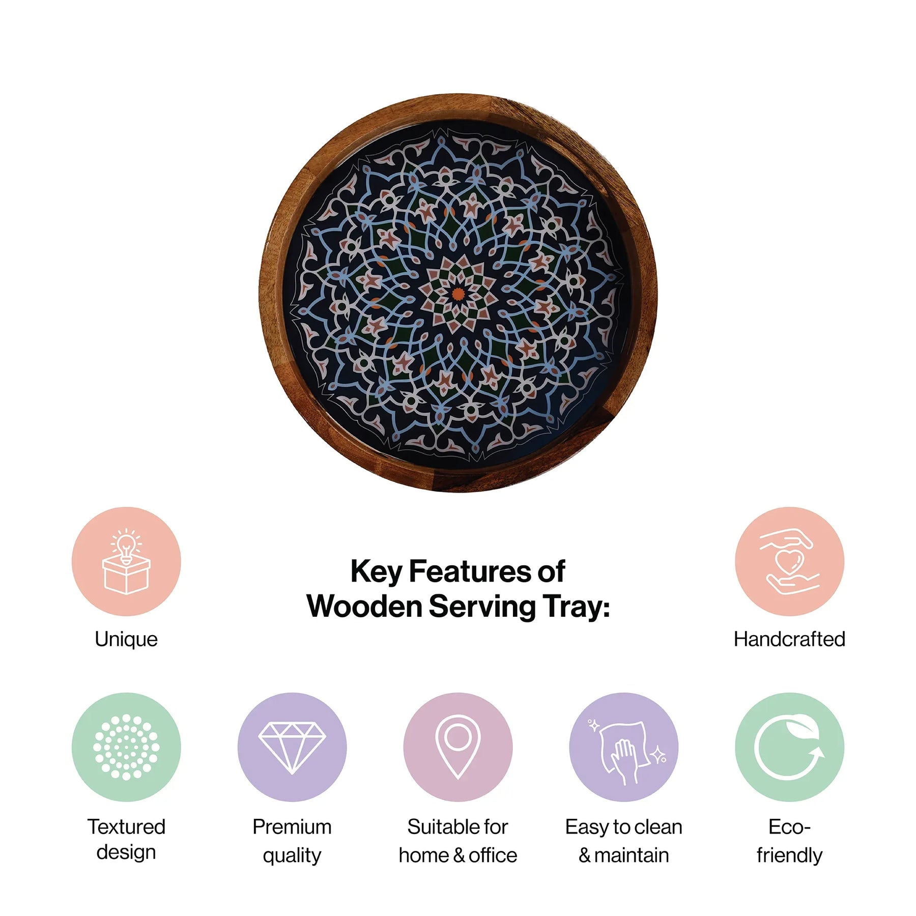 Handcrafted Mango-Wood Wooden Round Tray Mandala Design-Single