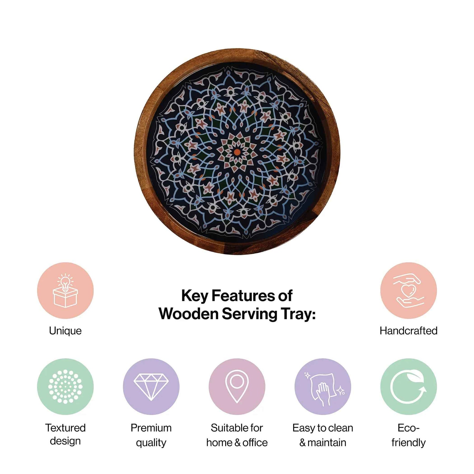 Handcrafted Mango Wood Round Serving Tray - Mandala