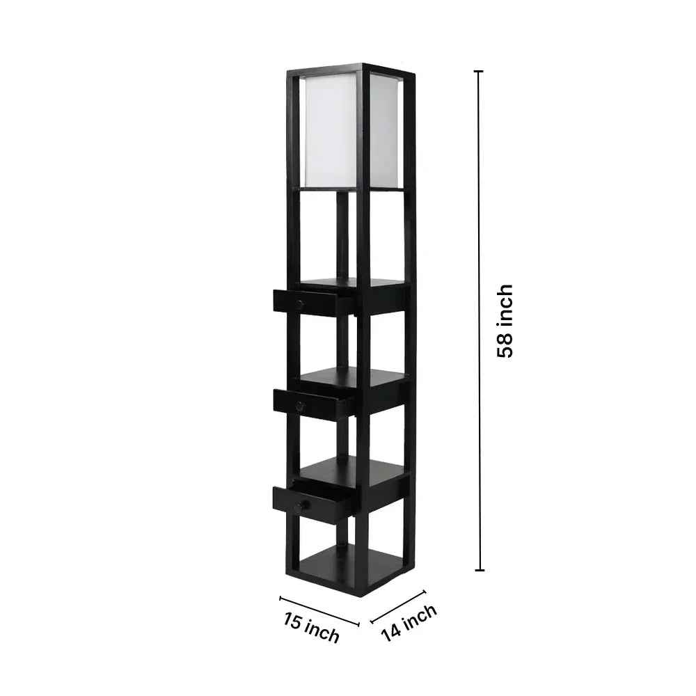 Mango Wood Floor Lamp with Three Drawer Shelf in Black