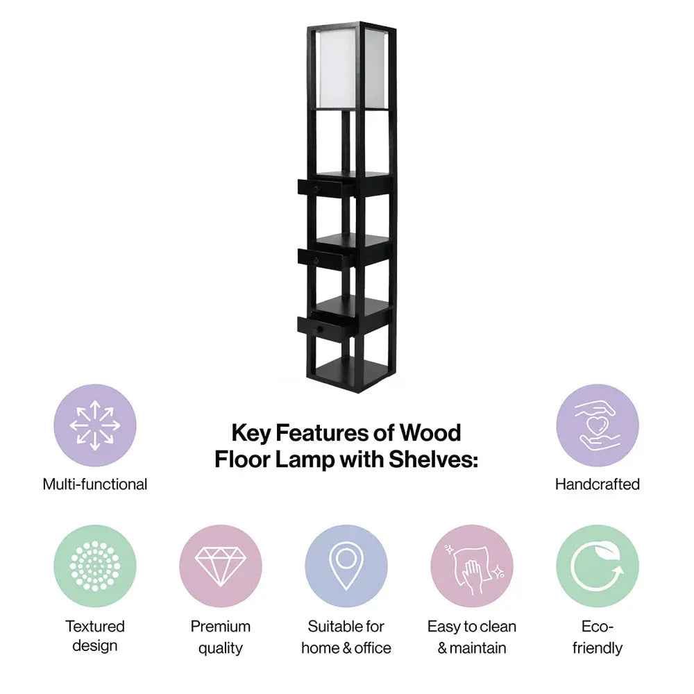 Mango Wood Floor Lamp with Three Drawer Shelf in Black