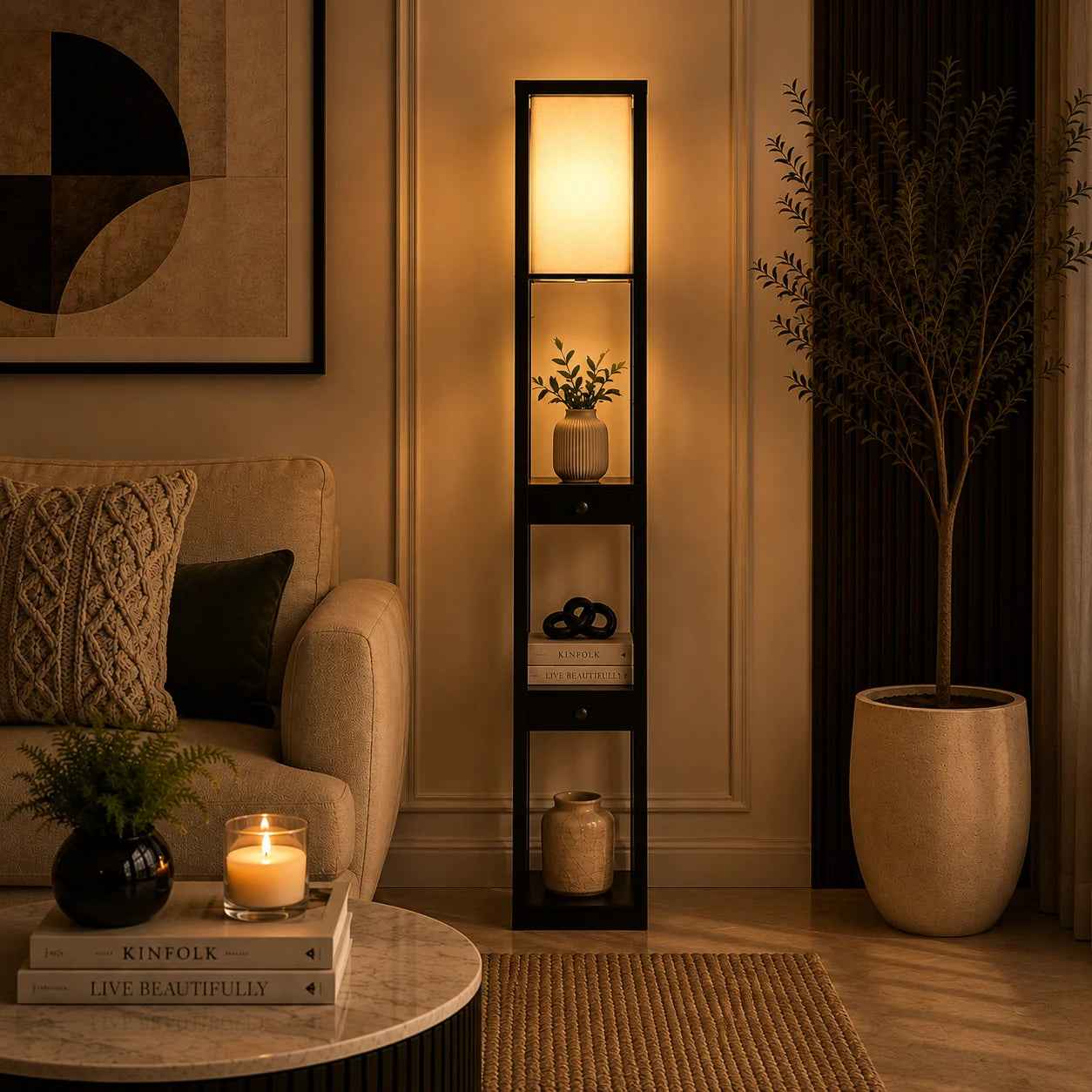 Mango Wood Floor Lamp with Three Drawer Shelf in Black