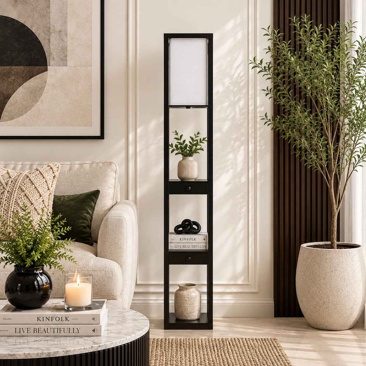 Mango Wood Floor Lamp with Three Drawer Shelf in Black